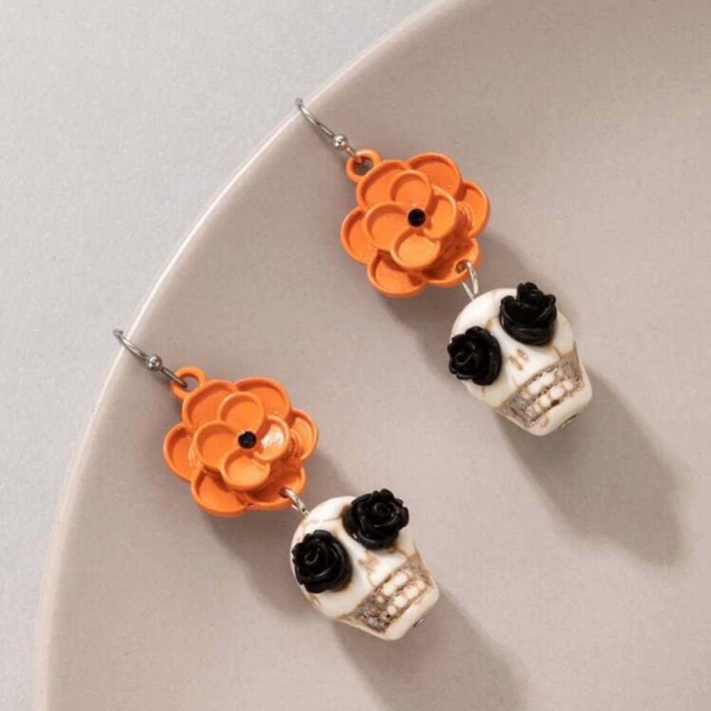 Orange Flower Sugar Skull Skeleton Earrings - Picture 4 of 7